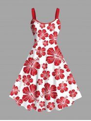 Robe Débardeur Hawaïen Fleur D'Hibiscus et Feuille Tropicale Imprimées de Grande Taille - Rouge 3X