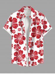 Chemise Décontractée Fleur D'Hibiscus et Poche de Grande Taille avec Boutons - Rouge M