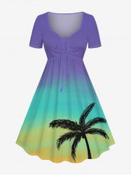 Plus Size Coconut Tree Dip Dye Ombre Print Hawaii Cinched A Line Dress -  