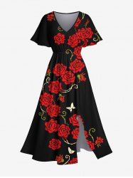 Plus Size Rose Flower Butterfly Branch Print Valentines Split Pocket A Line Midi Dress -  