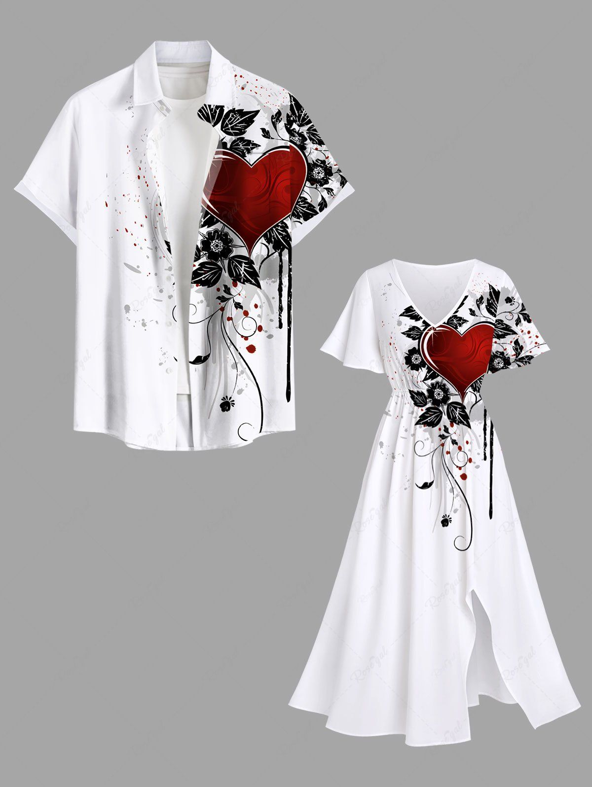Latest Valentine's Day Heart Flowers Leaf Print Plus Size Matching Outfit For Couples  