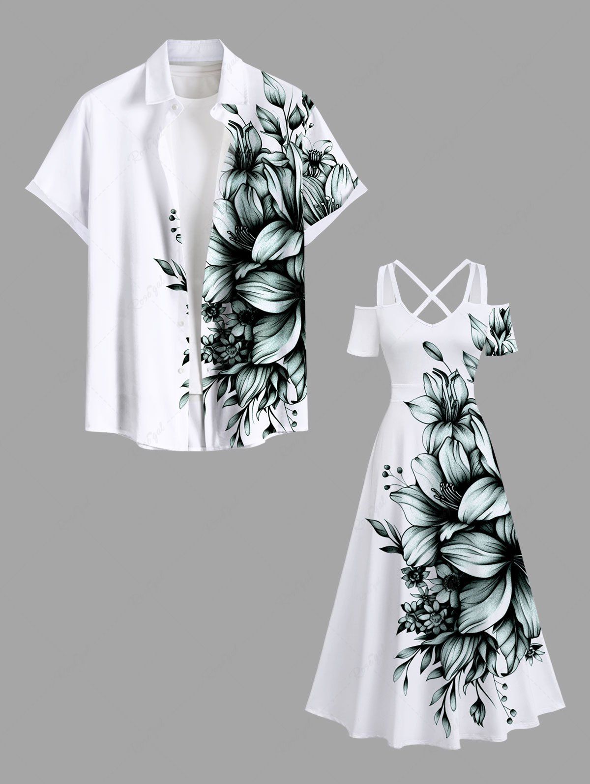 Trendy Flowers Leaf Print Plus Size Matching Hawaii Beach Outfit For Couples  