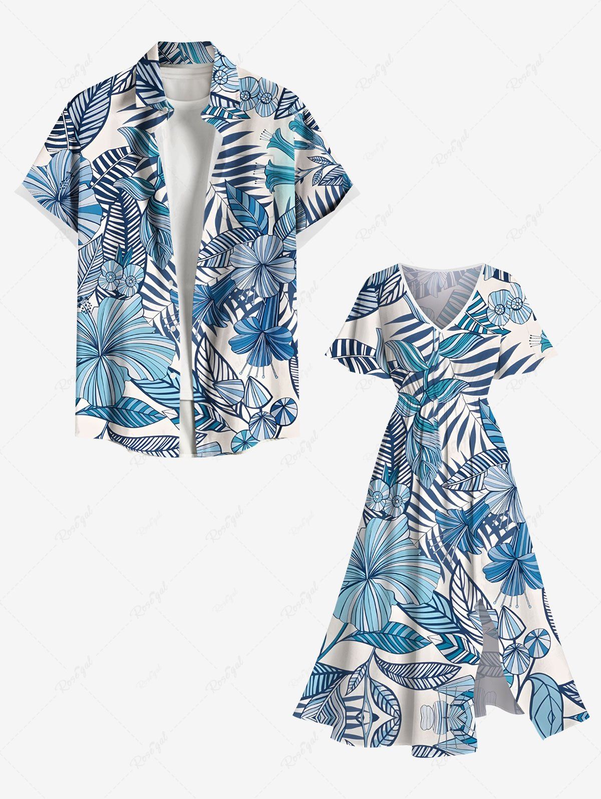 Tenue de Plage à Imprimé Fleurs et Feuilles Tropicales Grande-Taille pour Couples Bleu 