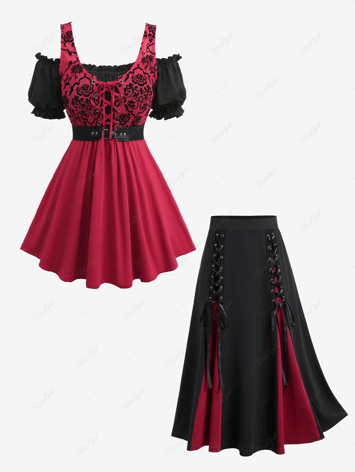Mesh Floral Flocking Lace Up 2 in 1 Top and Godet Hem Midi Skirt Plus Size Outfit