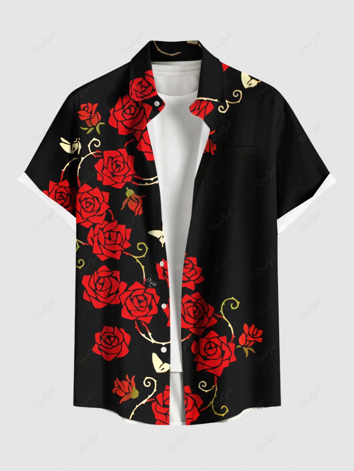 Discount Plus Size Rose Flower Butterfly Branch Print Valentines Button Pocket Shirt For Men  
