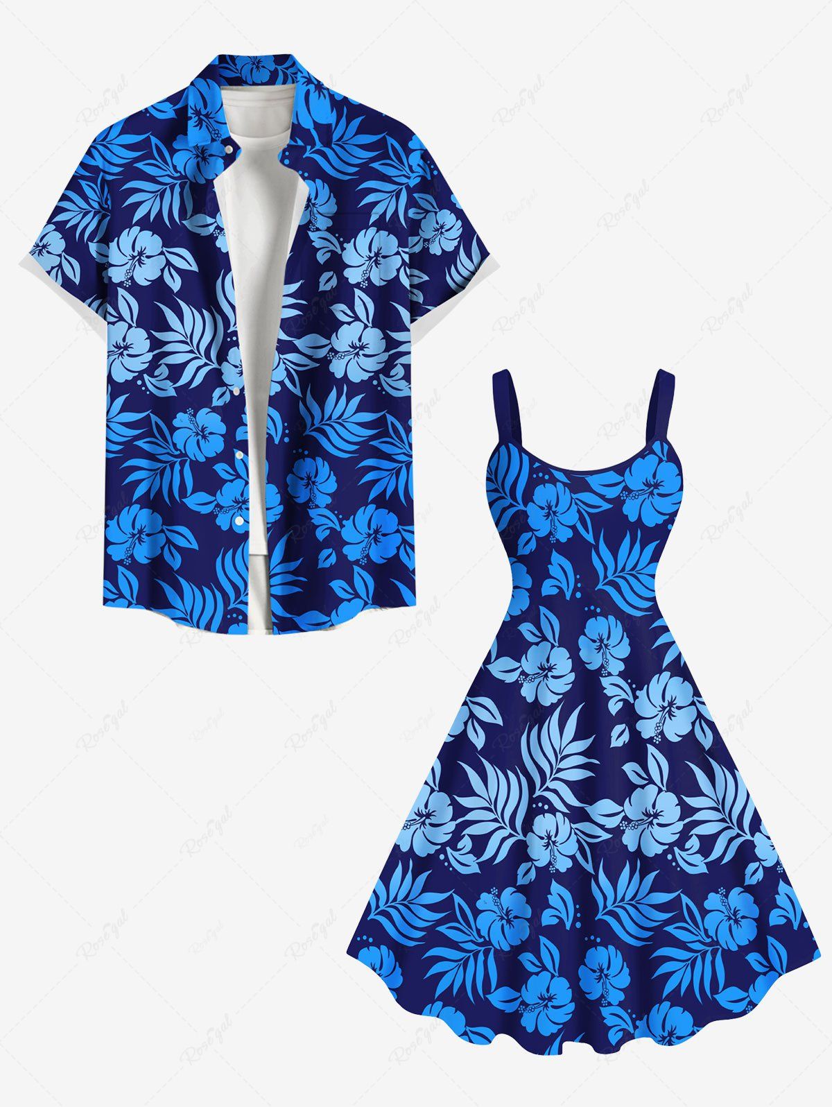 Tenue de Plage à Imprimé Feuilles Tropicales Grande-Taille pour Couples Bleu 