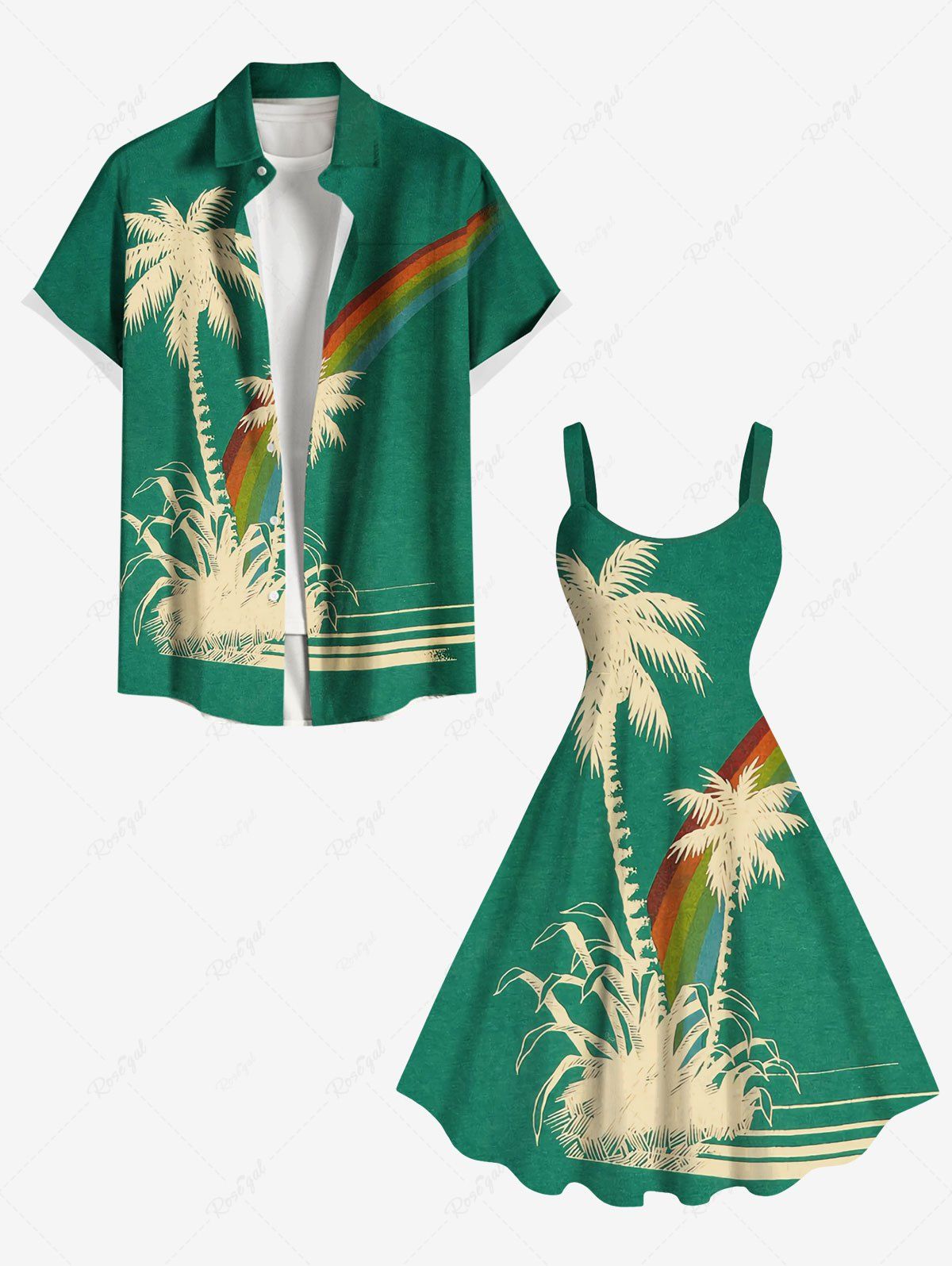 Tenue de Plage Grande Taille Imprimé Cocotiers et Arc-en-Ciel pour Couples Vert 