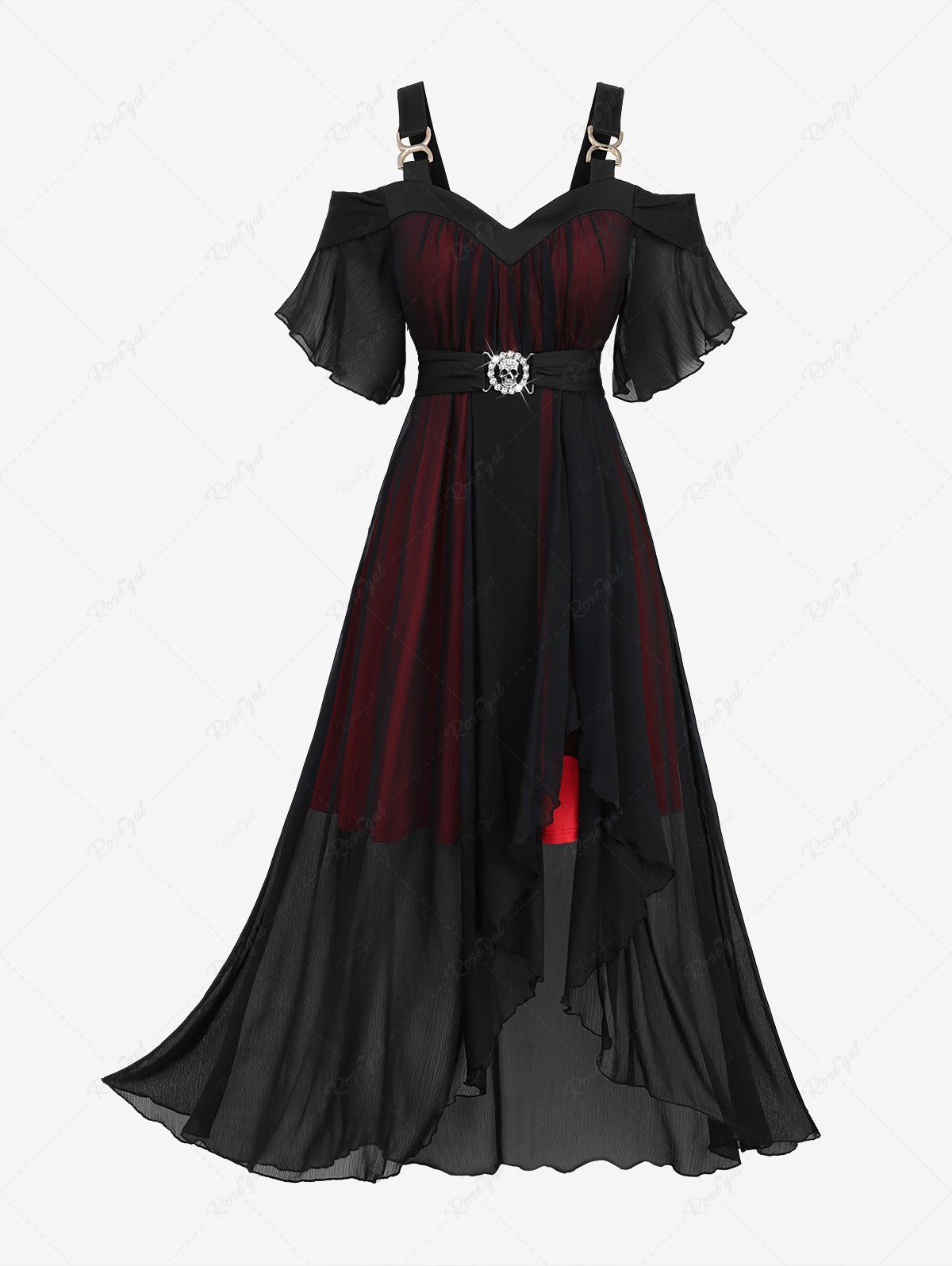 Hot Plus Size Ruffles Skull Buckle Tulip Hem Cold Shoulder Dress  