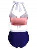Striped Halter Button Embellished Tied Tankini Swimwear -  