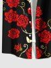 Chemise Boutonnée Rose Branche et Papillon Imprimés de Grande Taille avec Poche Saint-Valentin - Noir 3XL