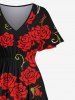 Plus Size Rose Flower Butterfly Branch Print Valentines Split Pocket A Line Midi Dress -  