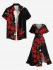 Plus Size Rose Flower Butterfly Branch Print Valentines Split Pocket A Line Midi Dress -  