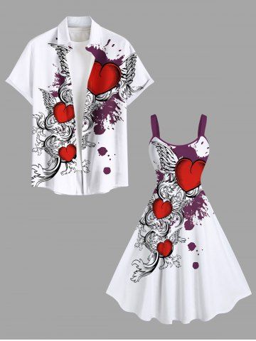 Valentine's Day Heart Wings Paint Splatter Print Plus Size Matching Outfit For Couples - WHITE
