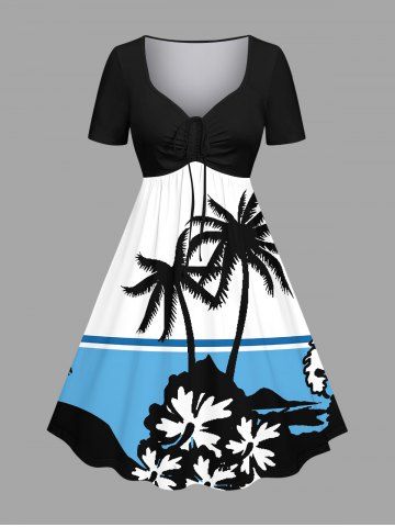 Plus Size Coconut Tree Flower Colorblock Print Cinched Hawaii Dress - WHITE - L