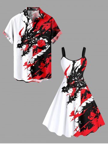 Contrast Dragon Ink Painting Splatter Print Plus Size Matching Hawaii Beach Outfit For Couples - RED