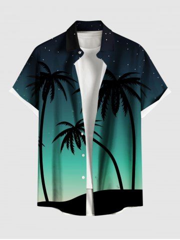 Plus Size Coconut Tree Moon Ombre Galaxy Print Hawaii Button Pocket Shirt For Men - GREEN - XL