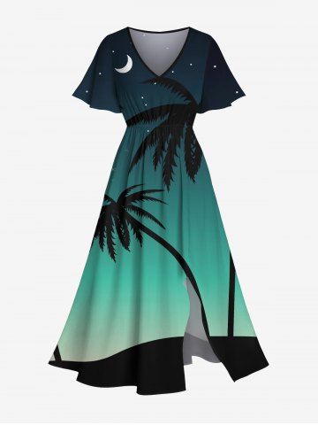 Plus Size Coconut Tree Moon Ombre Galaxy Print Hawaii Split Pocket A Line Midi Dress - GREEN - XS