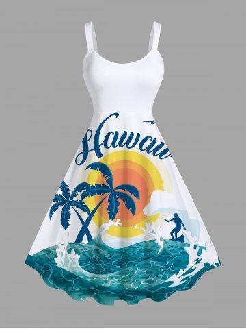 Plus Size Coconut Tree Sea Waves Sun Print Hawaii Tank Dress - WHITE - 2X