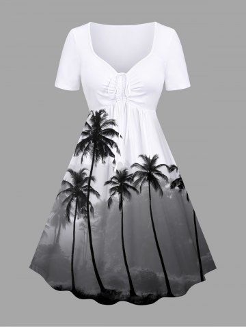 Plus Size Coconut Tree Colorblock Print Cinched Hawaii Dress - WHITE - L