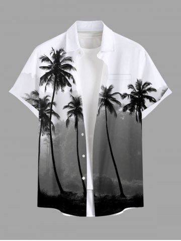 Plus Size Coconut Tree Colorblock Print Buttons Pocket Hawaii Shirt For Men - BLACK - XL