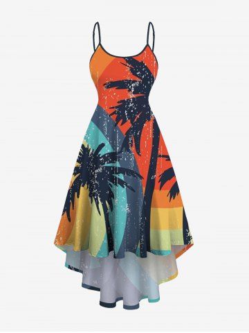 Plus Size Coconut Tree Rainbow Colorblock Print Hawaii High Low Asymmetric Cami Dress - MULTI-A - XS