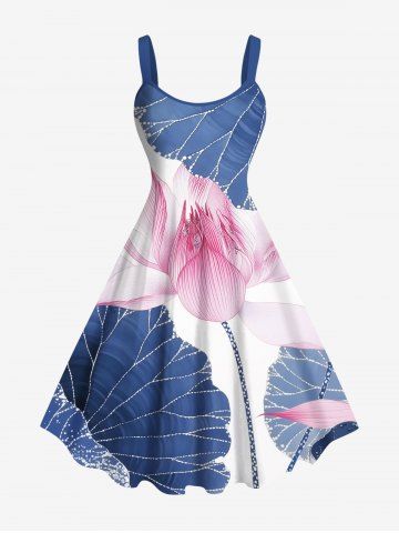 Plus Size Lotus Flower Leaf Print Hawaii A Line Tank Dress - BLUE - XS