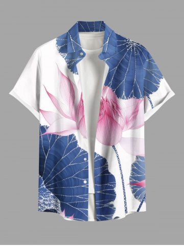 Chemise Fleurie Feuille de Lotus Imprimé Hawaï de Grande Taille avec Poche en Avant