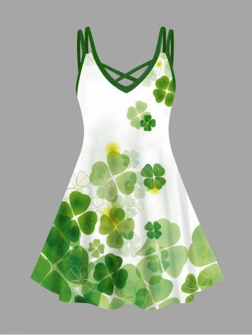 Plus Size Ombre Four Leaf Clover Print Hawaii St. Patrick's Day Crisscross A Line Cami Dress - WHITE - 2X
