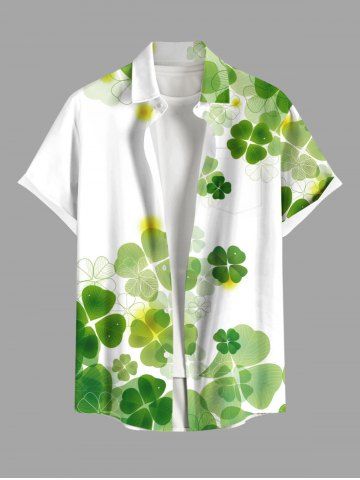 Plus Size Ombre Four Leaf Clover Print Hawaii St. Patrick's Day Button Pocket Shirt For Men