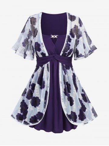 Plus Size Tie Dye Floral Print Mesh Jacquard Embroidered Keyhole Belted 2 in 1 Top - PURPLE - 4X | US 26-28