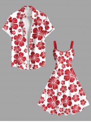 Tenue de Plage à Imprimé Fleurs Tropicales D'Hibiscus Grande-Taille pour Couples - Rouge 