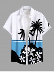 Chemise Décontractée Fleur et Arbre Noix de Coco Imprimés en Blocs de Couleurs avec Poche de Grande Taille - Blanc 5XL