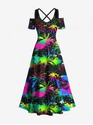 Plus Size Colorful Coconut Tree Paint Splatter Print Cold Shoulder Crisscross Hawaii Maxi Dress -  