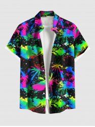 Plus Size Colorful Coconut Tree Paint Splatter Print Buttons Pocket Hawaii Shirt For Men -  