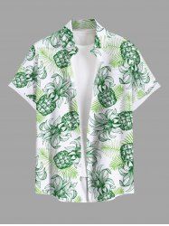 Plus Size Pineapple Tropical Leaf Print Buttons Pocket Hawaii Shirt For Men -  