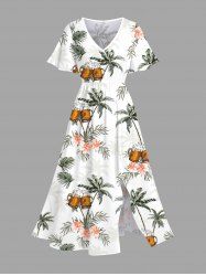 Robe Hawaïen Mi-Longue Fendue Fleur Tropicale et Arbre de Noix de Coco Imprimés de Grande Taille - Blanc L