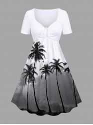 Plus Size Coconut Tree Colorblock Print Cinched Hawaii Dress -  
