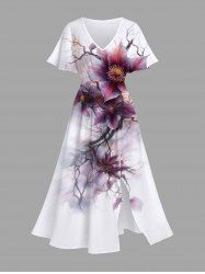 Robe Hawaïen Mi-Longue Fendue Fleur Imprimée de Grande Taille - Blanc 4X