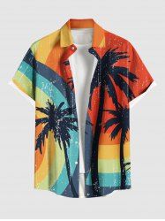 Plus Size Coconut Tree Rainbow Colorblock Print Hawaii Button Pocket Shirt For Men -  