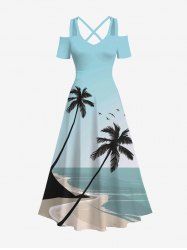 Maxi Robe Hawaïen Ligne A Ombrée Cocotier et Oiseau Imprimés à Epaule Dénudée de Grande Taille - Bleu clair M