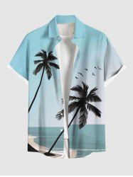 Chemise de Plage Boutonnée Ciel Océan Noix de Coco et Oiseau Imprimés de Grande Taille avec Poche - Bleu clair L