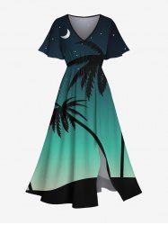 Plus Size Coconut Tree Moon Ombre Galaxy Print Hawaii Split Pocket A Line Midi Dress -  