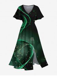 Plus Size Glitter Stars Galaxy Ombre Light Spot Ribbon Print Hawaii Split Pocket A Line Midi Dress -  