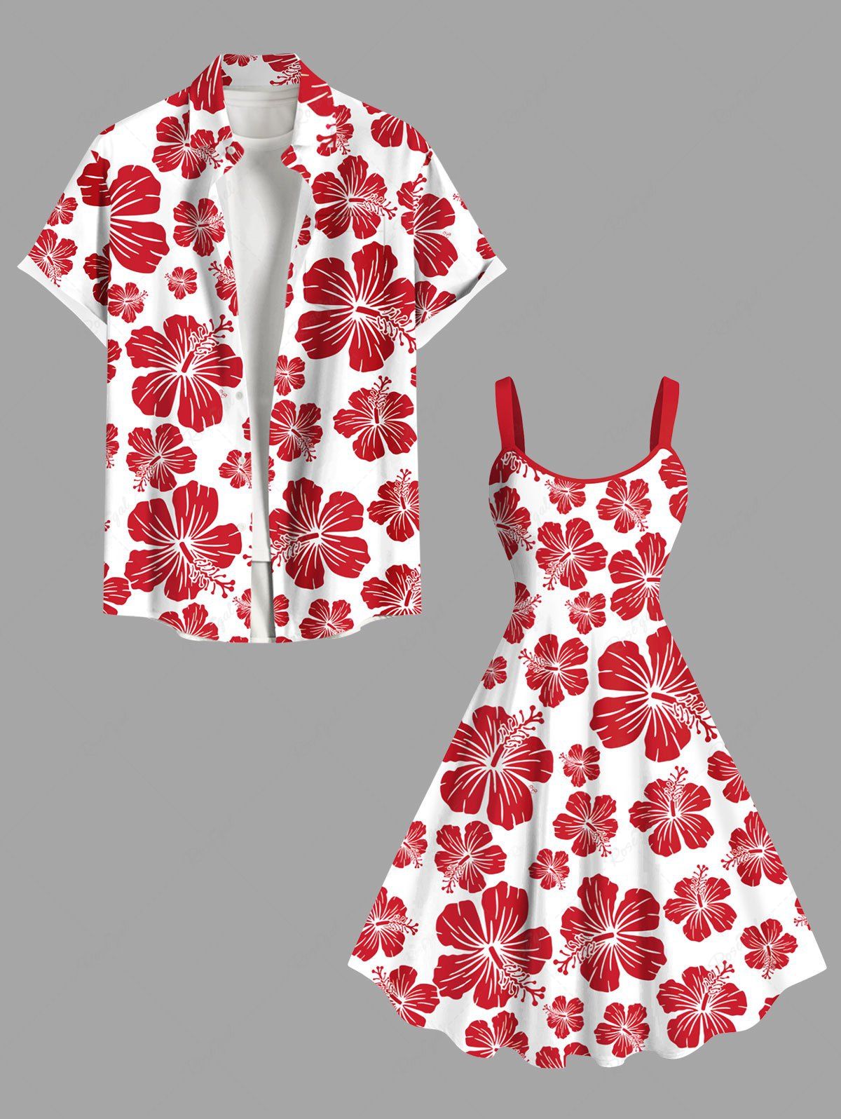 Tenue de Plage à Imprimé Fleurs Tropicales D'Hibiscus Grande-Taille pour Couples Rouge 