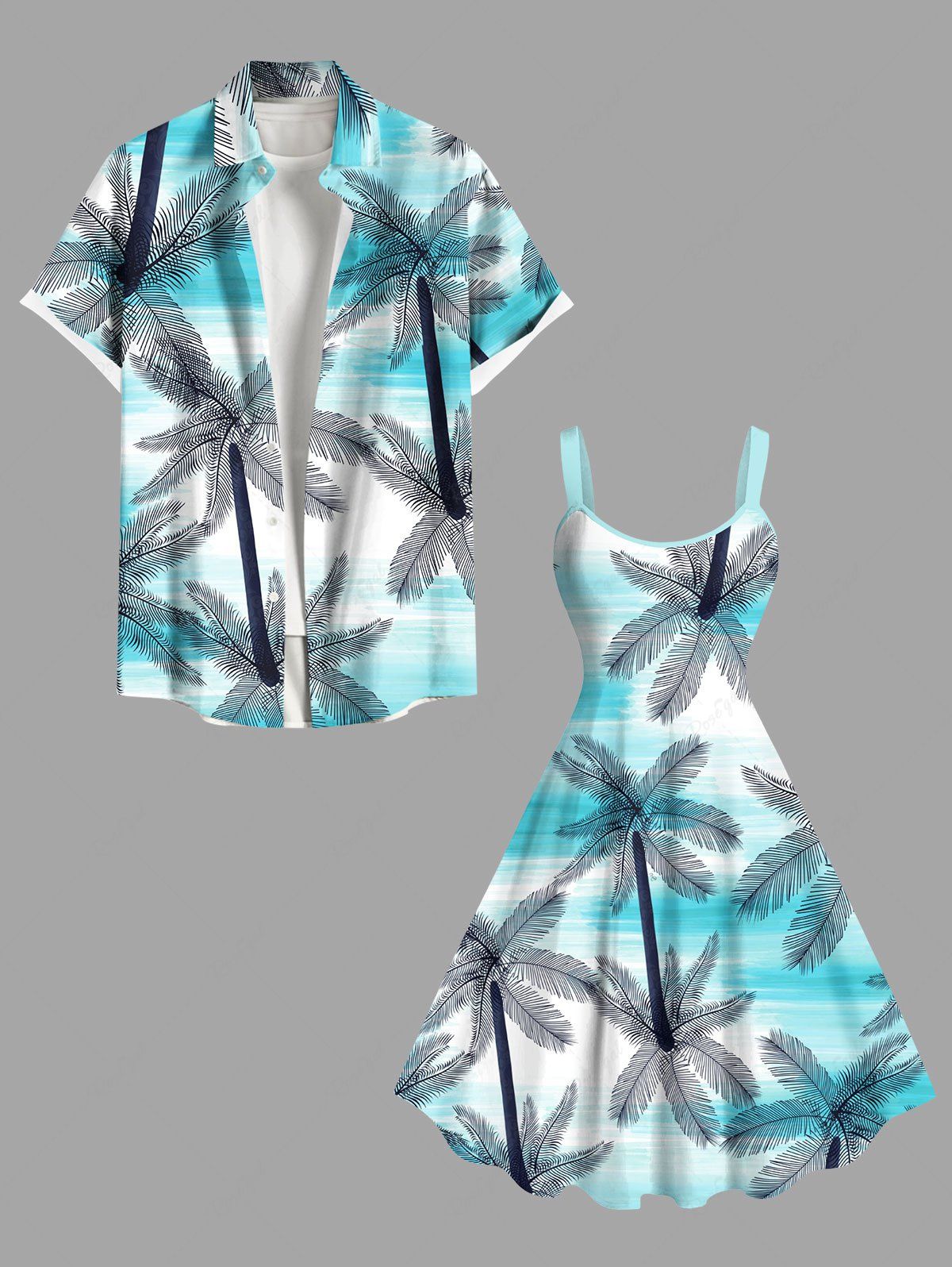 Tenue de Plage Grande Taille Imprimé Cocotiers et Mer en Dégradé de Couleurs pour Couples Bleu clair 
