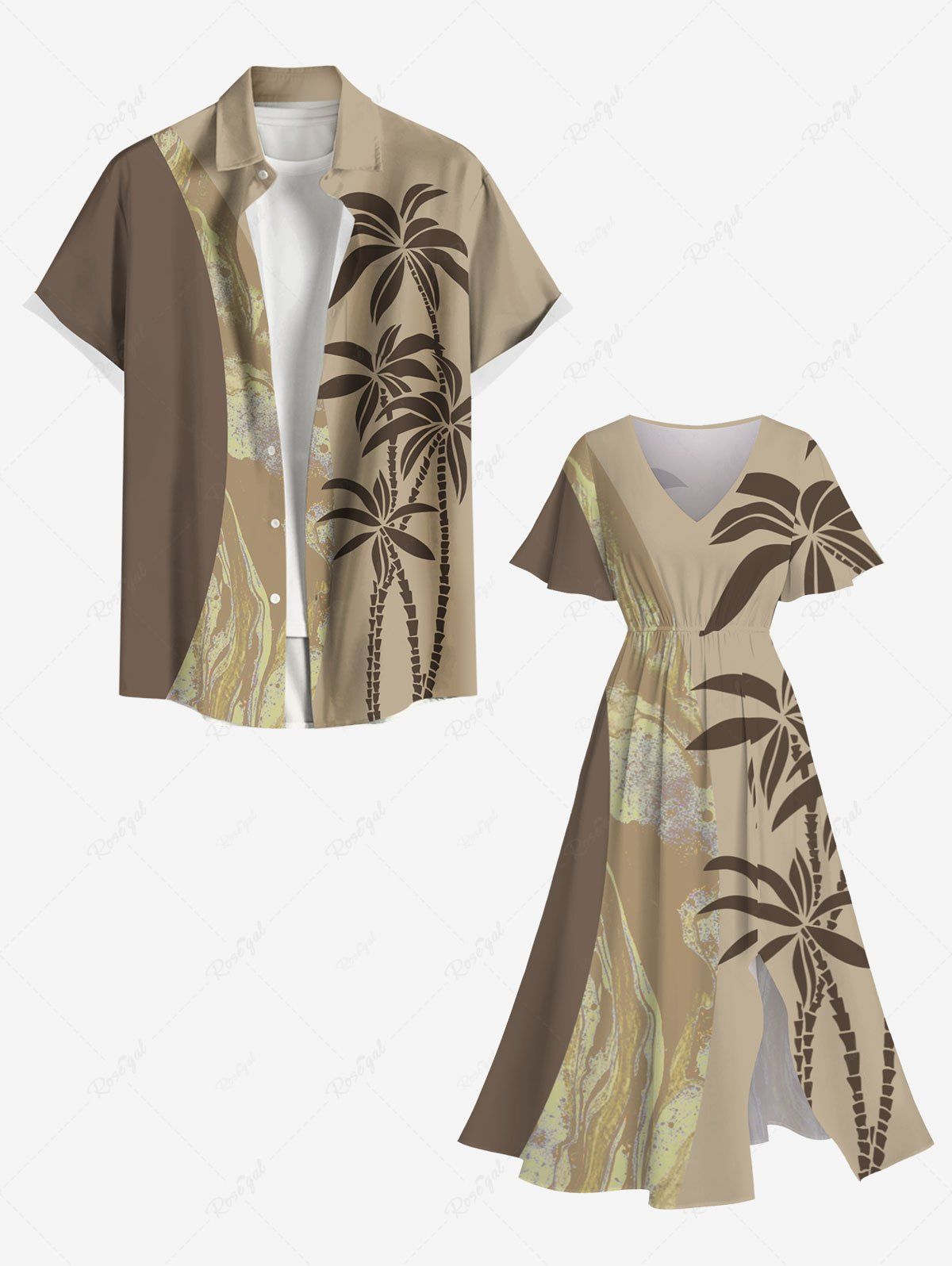 Costume Magnifique de Plage Hawaiien Contrastant Imprimé Cocotier Grande Taille pour Couples café 