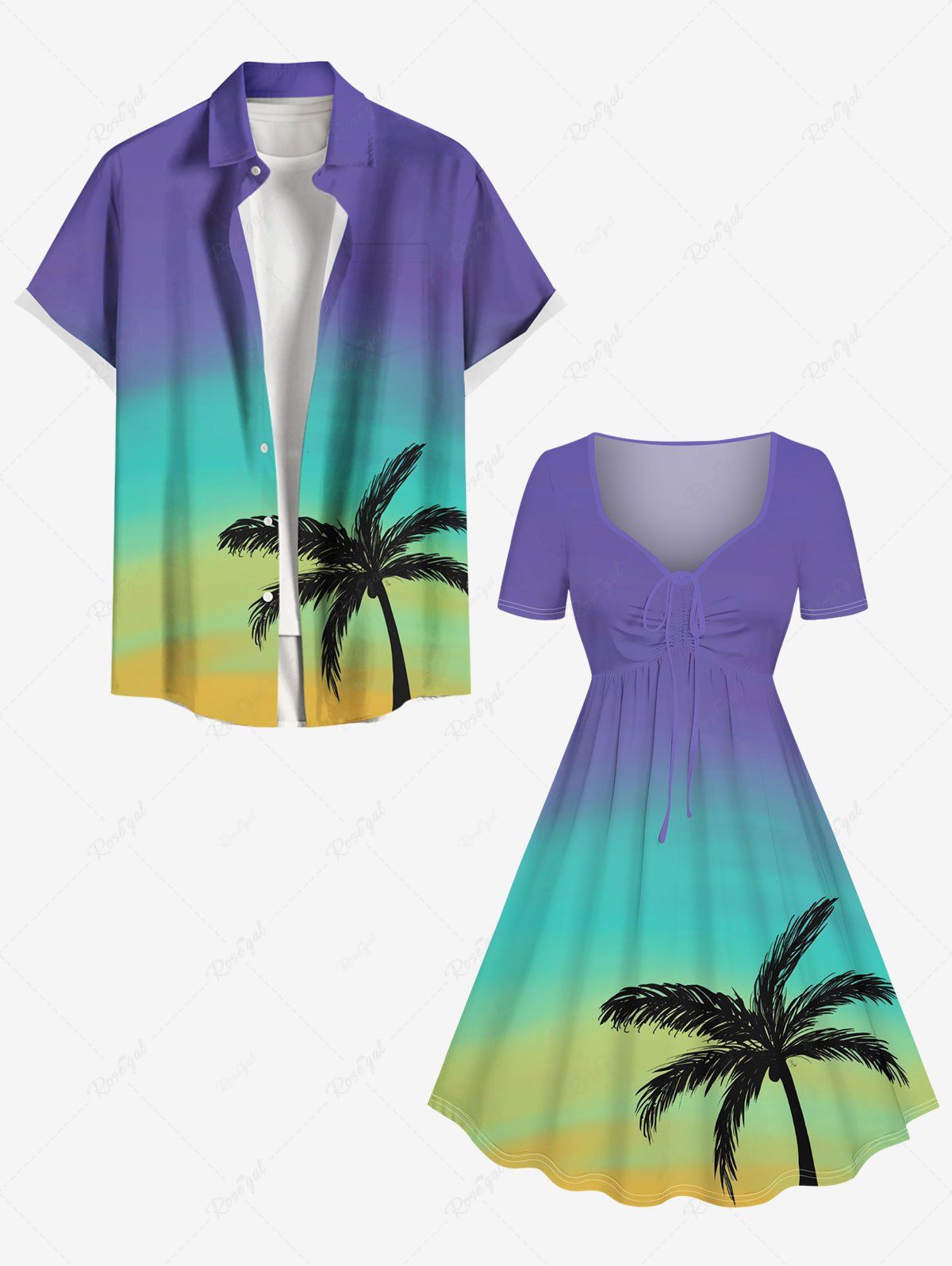Coconut Tree Dip Dye Ombre Print Plus Size Matching Hawaii Beach Outfit For Couples Pourpre  