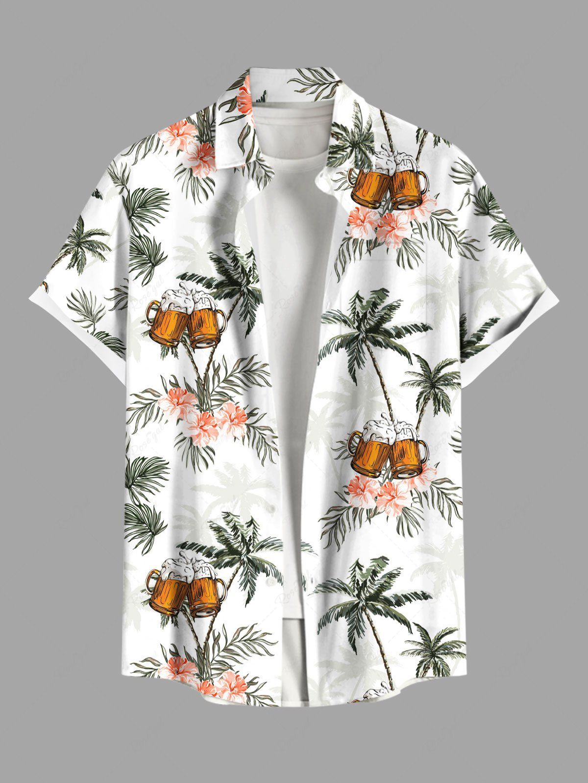 Chemise de Bière Feuille Tropicale Arbre Noix de Coco Fleurie Imprimés de Grande Taille avec Poche Blanc L