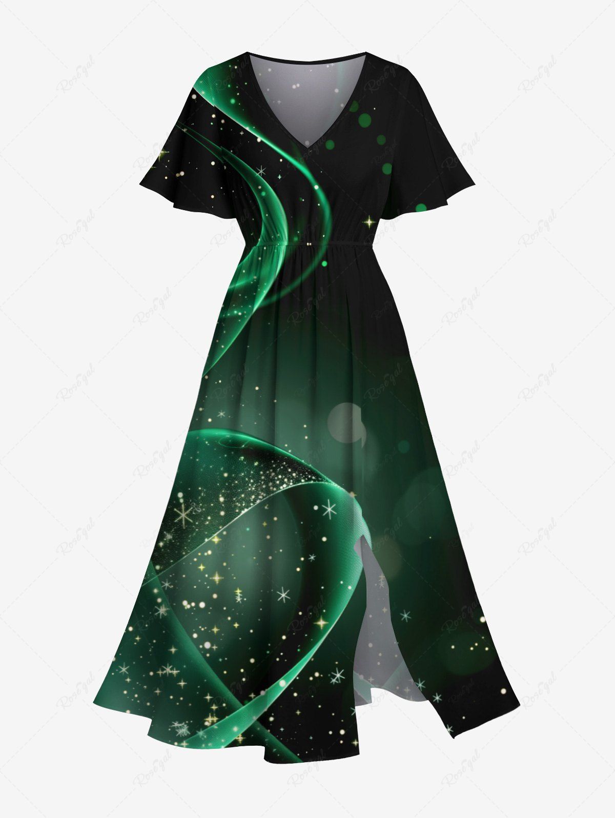 Robe Mi-Longue Ligne A Ombrée Galaxie Imprimée Grande Taille avec Poche à Paillettes Noir 6X