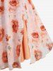 Plus Size Rose Flower Print Surplice Ruffles Split Tulip Hem Cold Shoulder 2 In 1 Tank Top -  